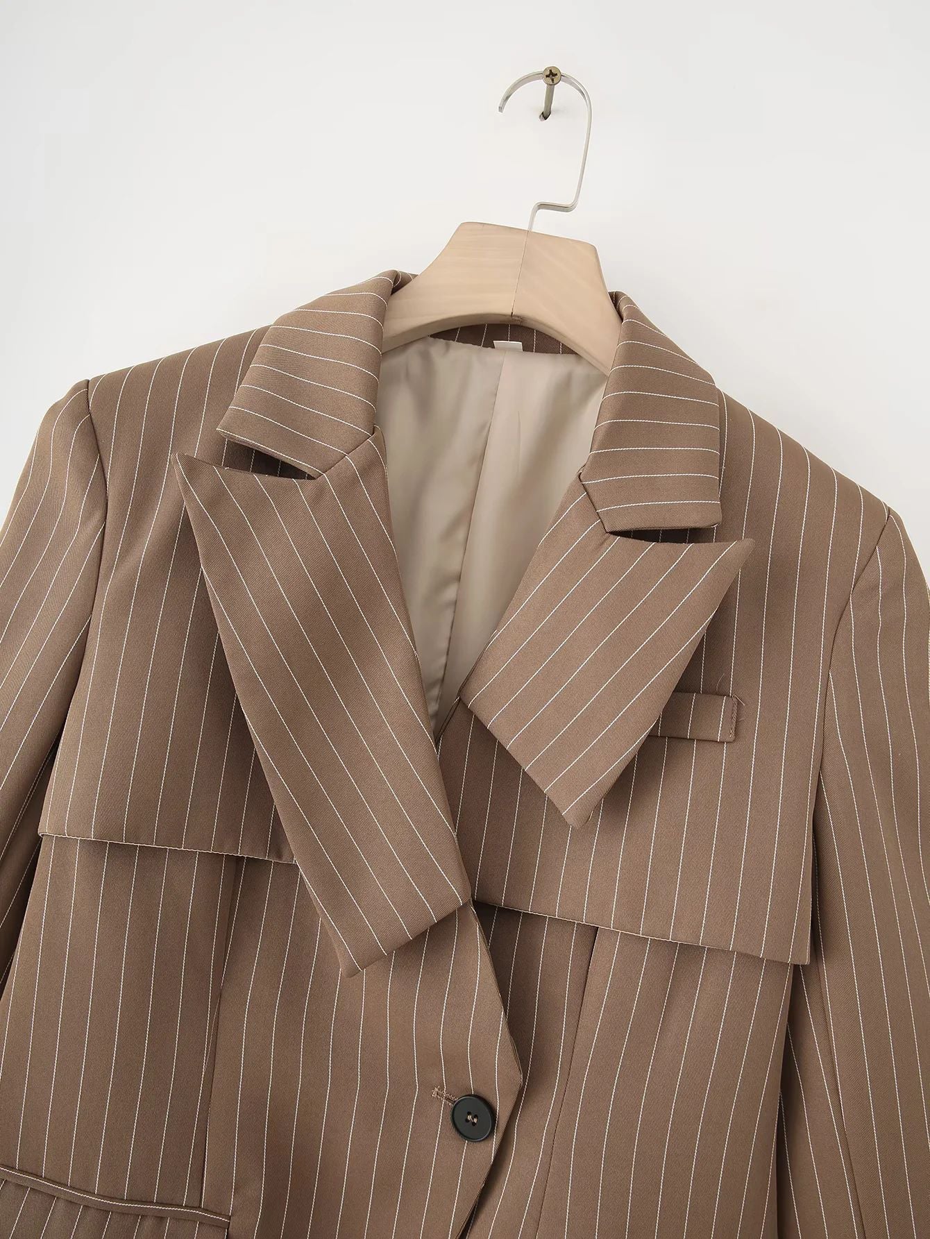 Women's fashionable blazer jacket with asymmetrical collar and elegant pinstripes NOVAE