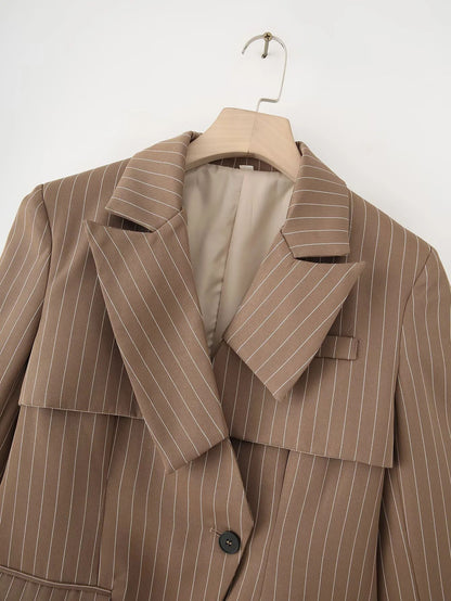 Women's fashionable blazer jacket with asymmetrical collar and elegant pinstripes NOVAE