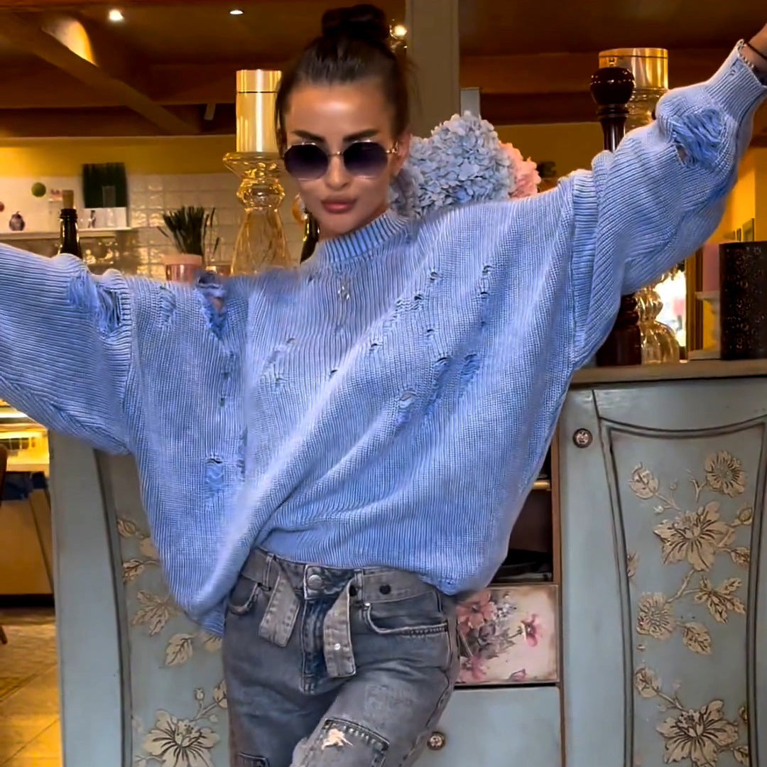 Women's casual sweater with fashionable ripped design and voluminous sleeves NOVAE