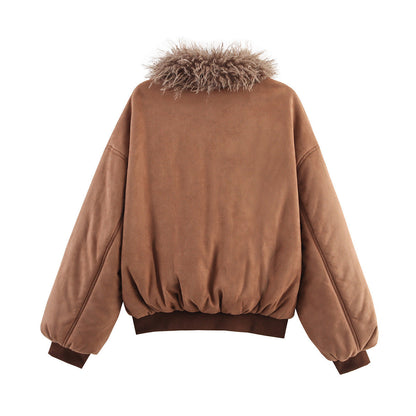 Women's cozy suede jacket with fur collar NOVAE
