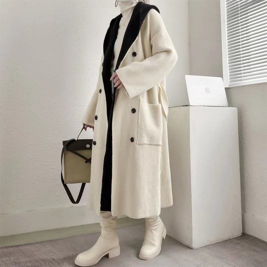 Women's Elegant Long Coat with Belt and Contrasting Sleeves NOVAE