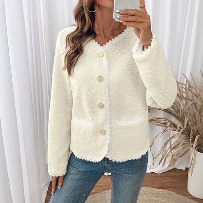 Women's soft teddy jacket with lace trim NOVAE