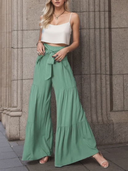 Women's wide-leg high-waisted trousers with elegant pleats and tie belt NOVAE