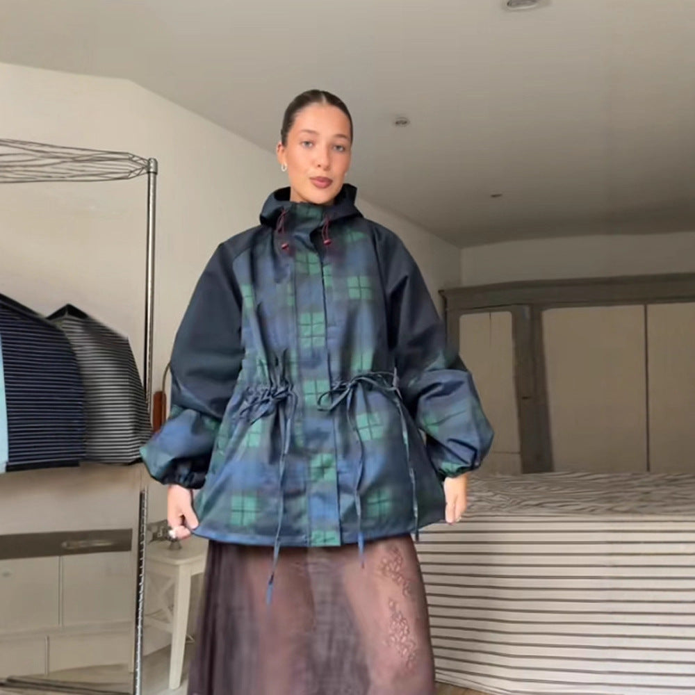 Women's oversized jacket in a casual plaid design with practical pockets and drawstring waist NOVAE