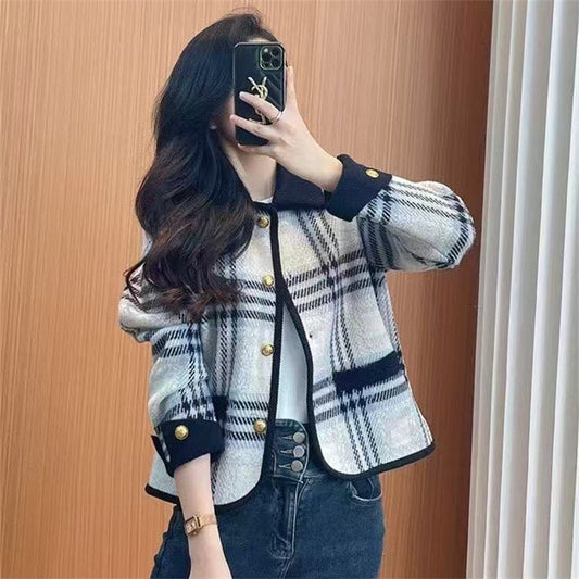 Women's Checkered Blazer Jacket with Removable Pockets and Button Details NOVAE