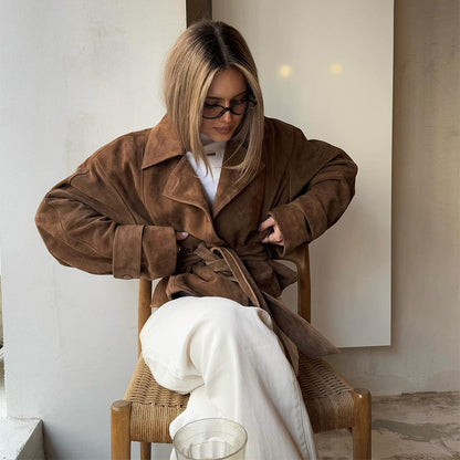 Women's luxury suede jacket with adjustable belt and elegant lapel NOVAE