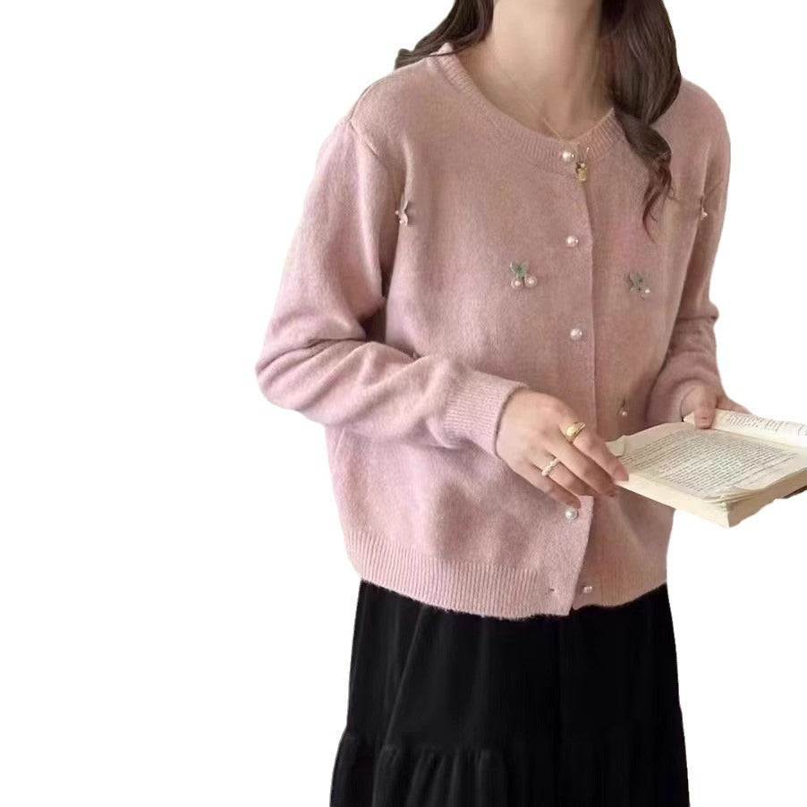 Women's cardigan with delicate pearl and flower appliqués NOVAE