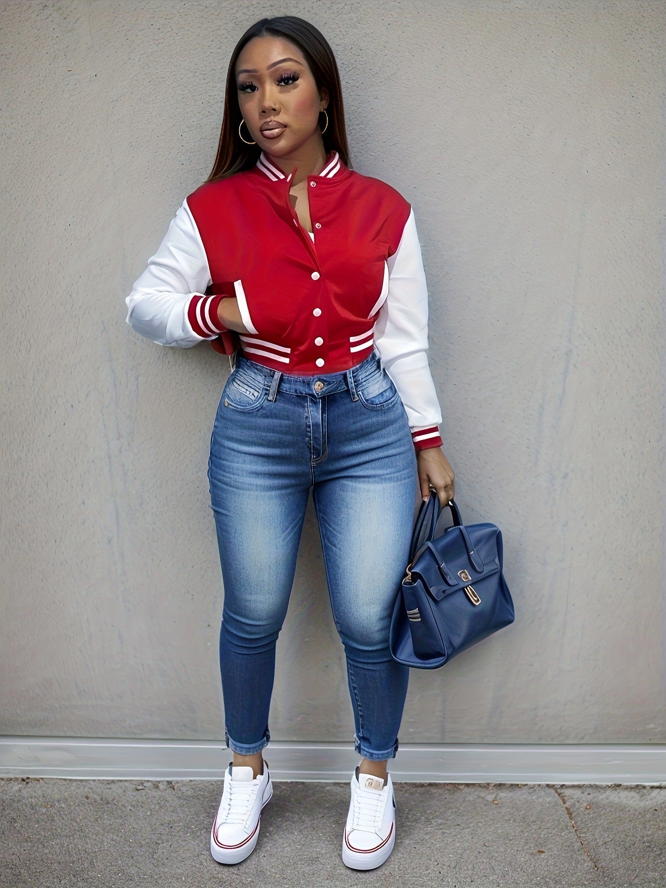 Women's varsity jacket with contrasting sleeves and structured collar NOVAE
