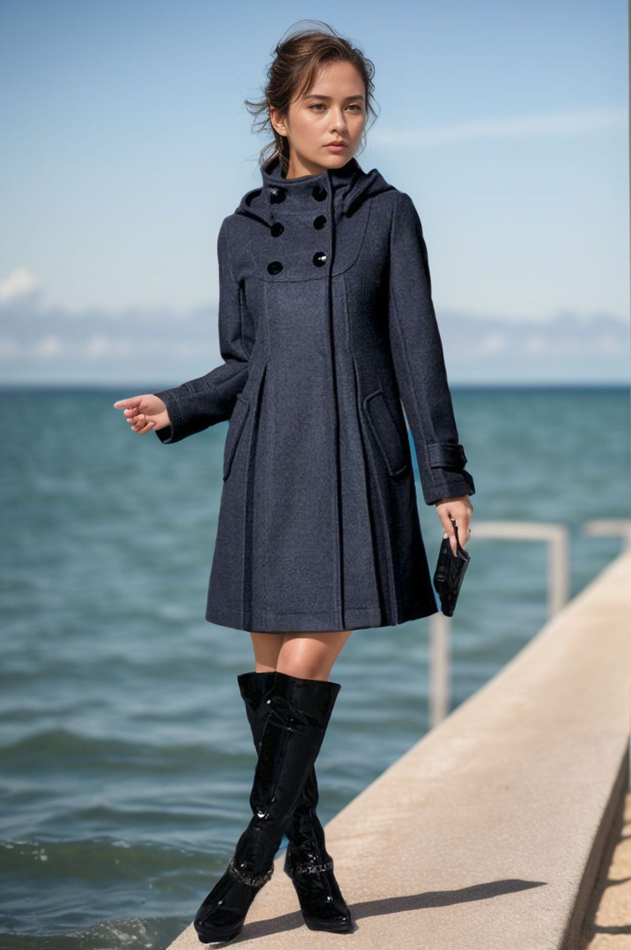 Women's elegant coat with high collar and functional pockets NOVAE