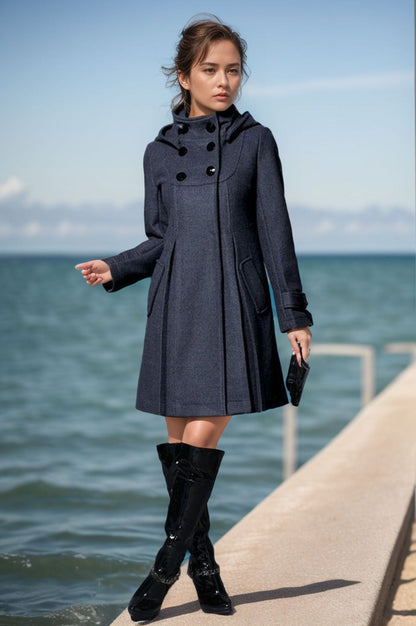 Women's elegant coat with high collar and functional pockets NOVAE