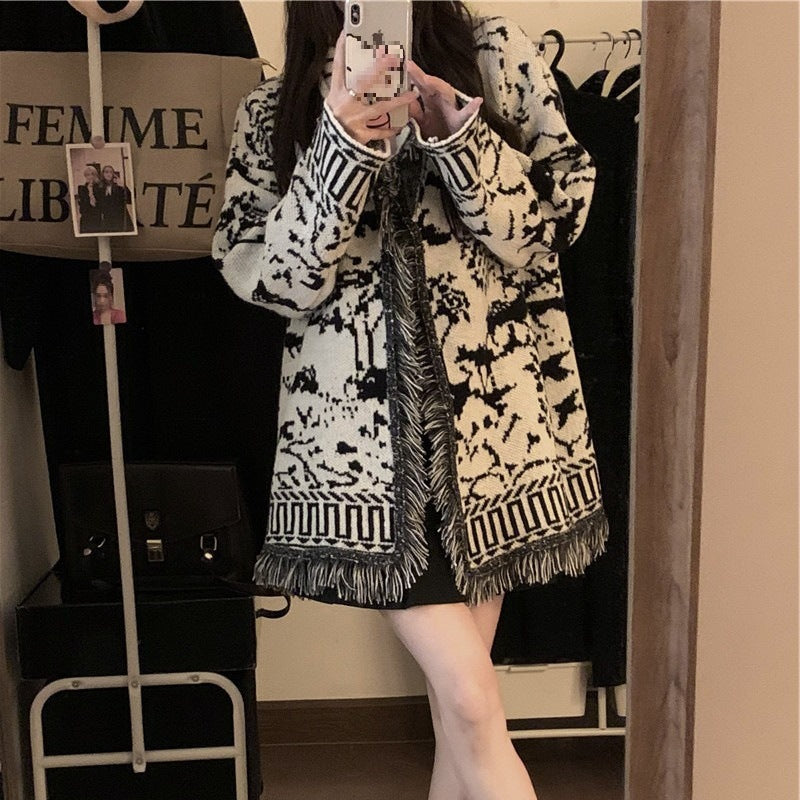 Women's fringed cardigan with graphic pattern and open fronts NOVAE