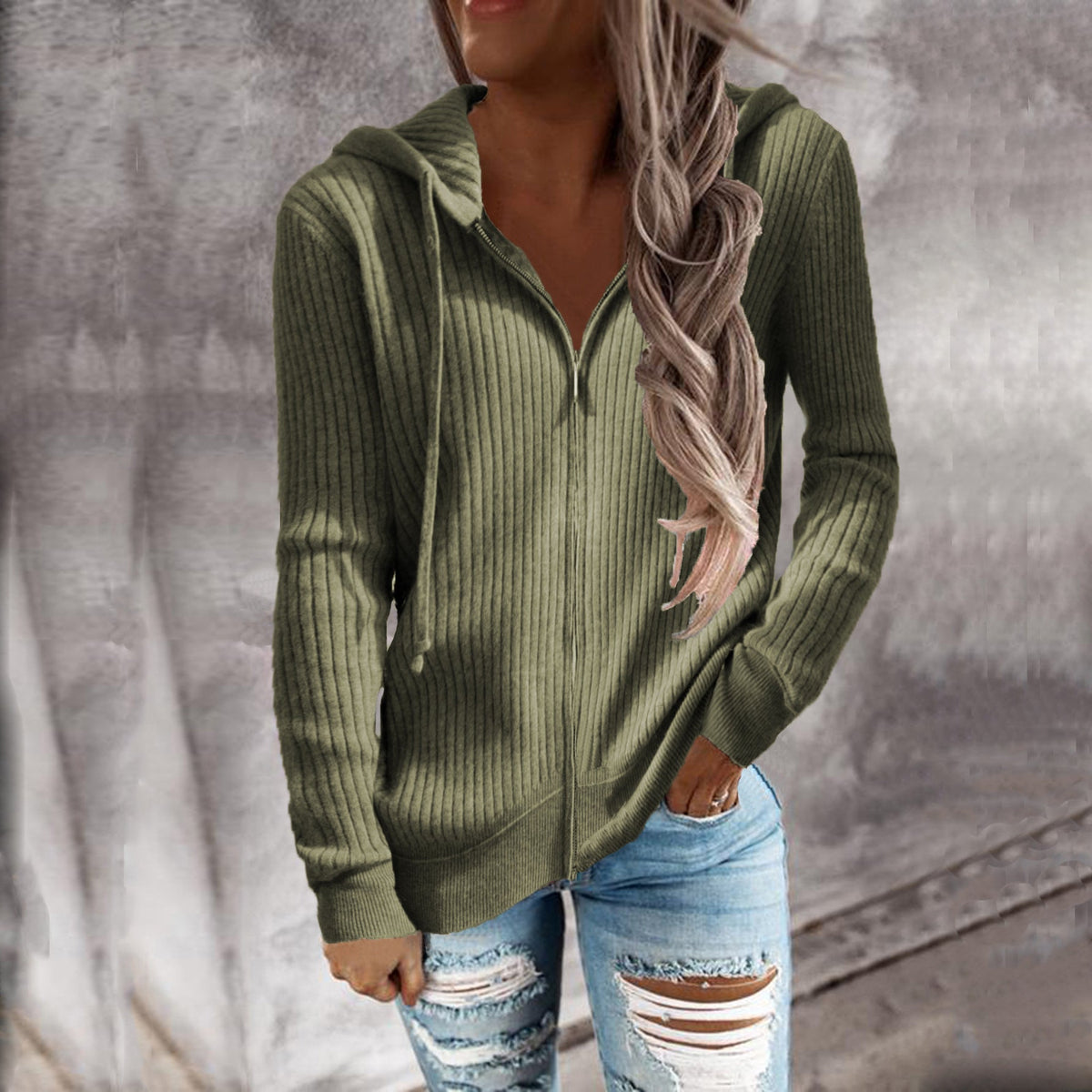 Women's cardigan with hood and ribbed texture NOVAE