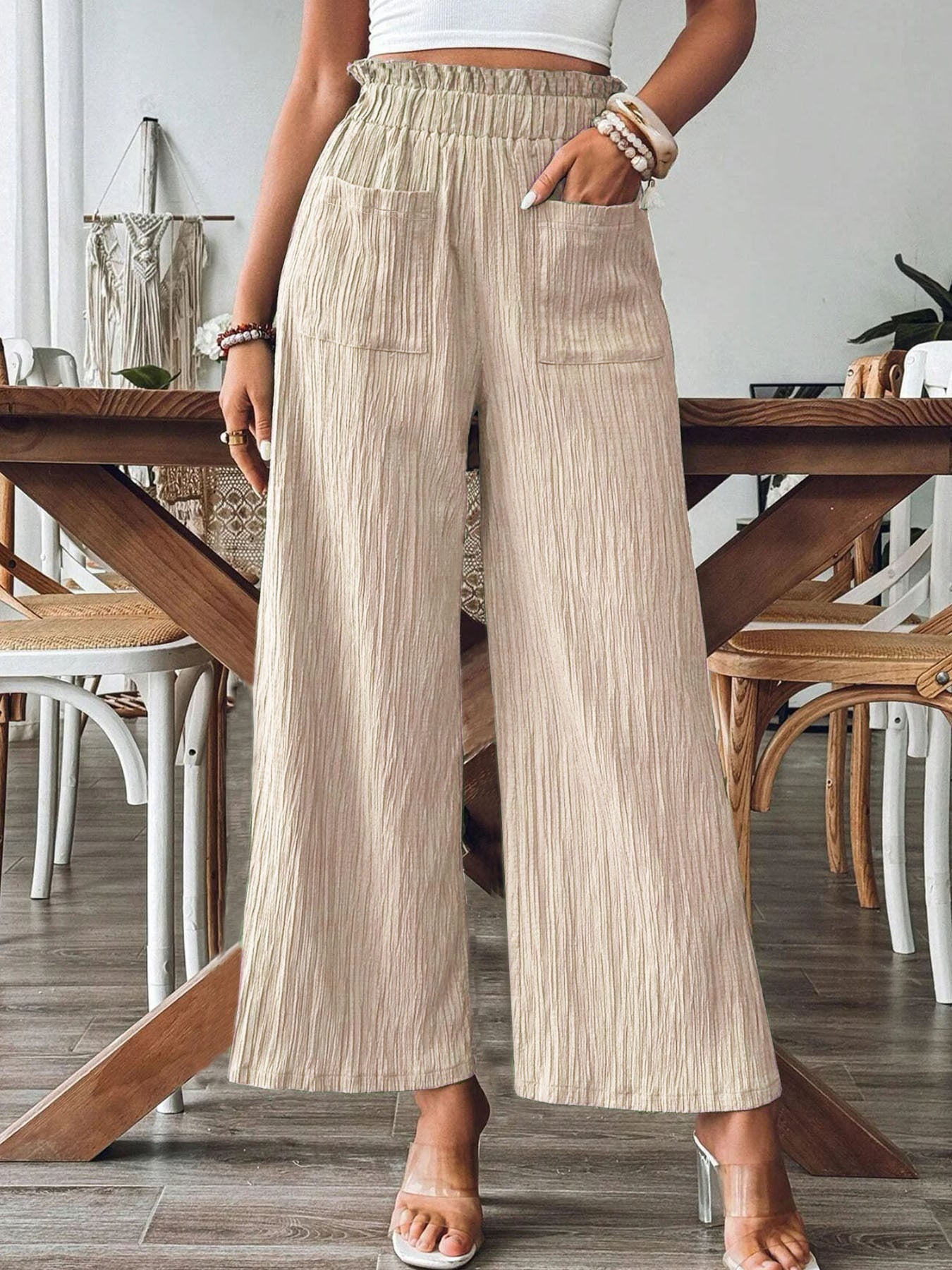 Women's casual and lightweight palazzo trousers with elasticated waistband and practical pockets NOVAE