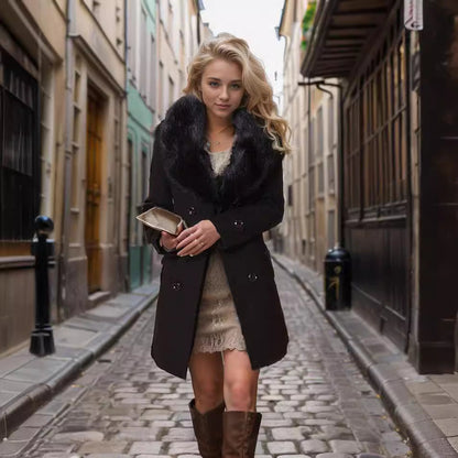 Women's elegant trench coat with faux fur collar and waist belt NOVAE