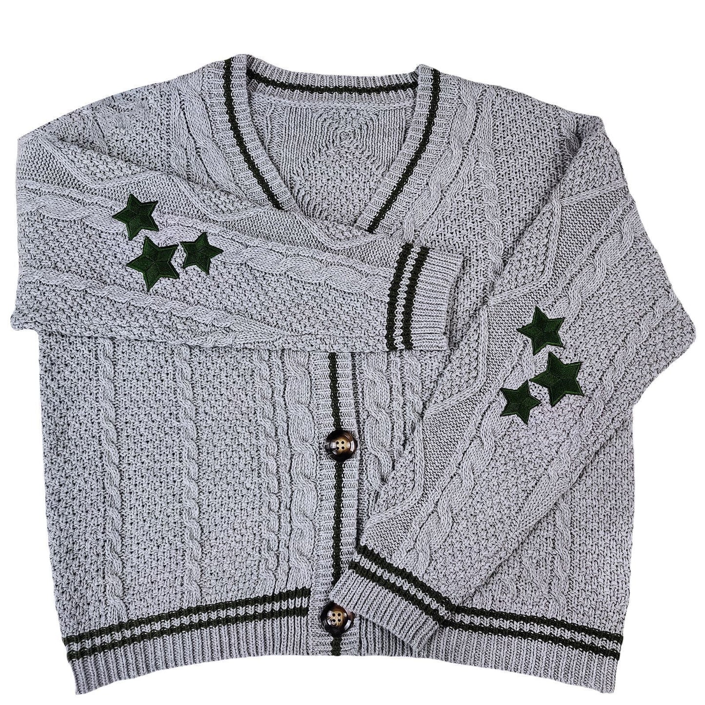 Women's chunky knit cardigan with elegant star appliqués and contrasting details NOVAE