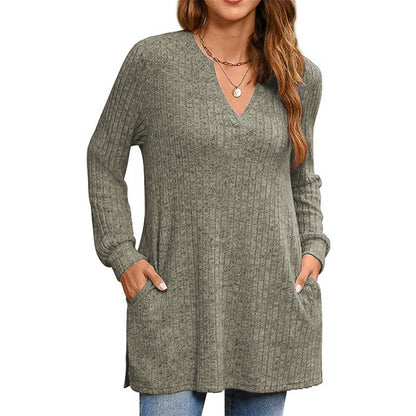 Women's Loose Knit Tunic with Side Pockets and V-Neck NOVAE