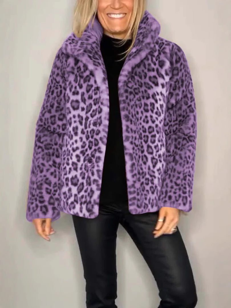 Women's Fluffy Leopard Print Jacket with High Collar NOVAE