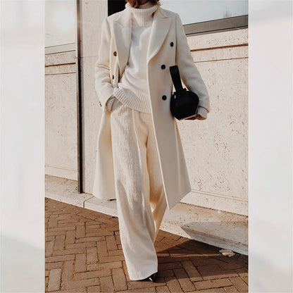 Women's long wool jacket with double button placket and wide lapel NOVAE