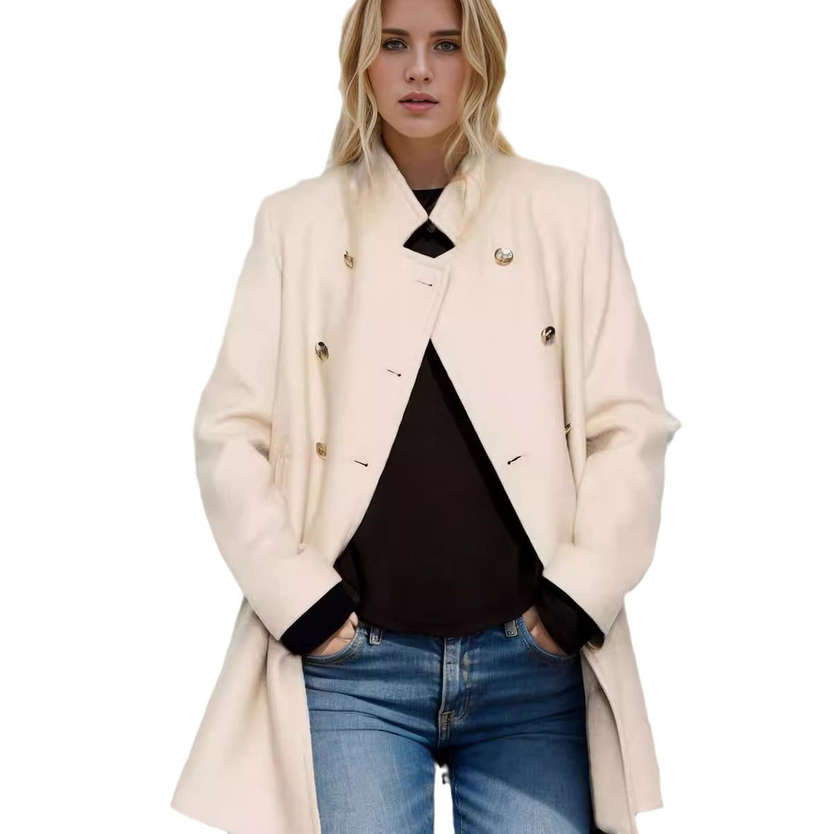 Women's fashionable short coat with double-breasted front and elegant stand-up collar NOVAE
