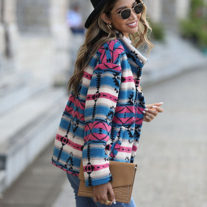 Women's fleece jacket in boho style with a unique geometric pattern and large buttons NOVAE