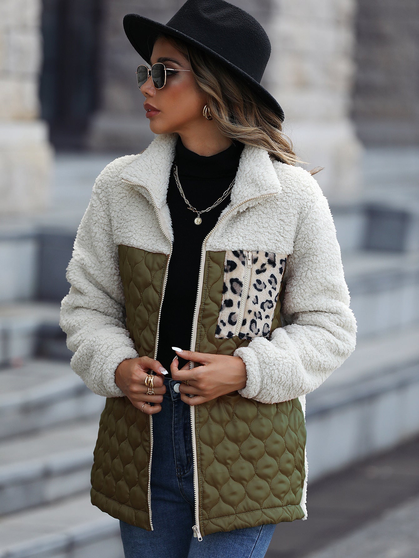 Women's fleece jacket with modern patchwork details and animal print NOVAE