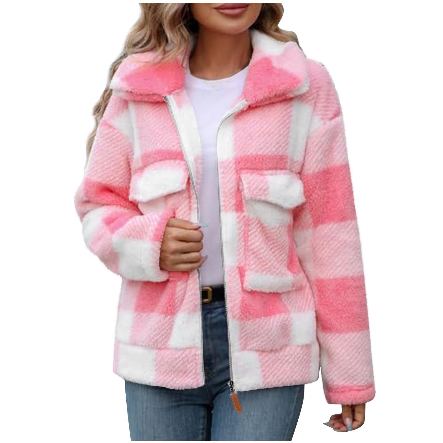 Women's fleece jacket with check pattern and practical pockets NOVAE