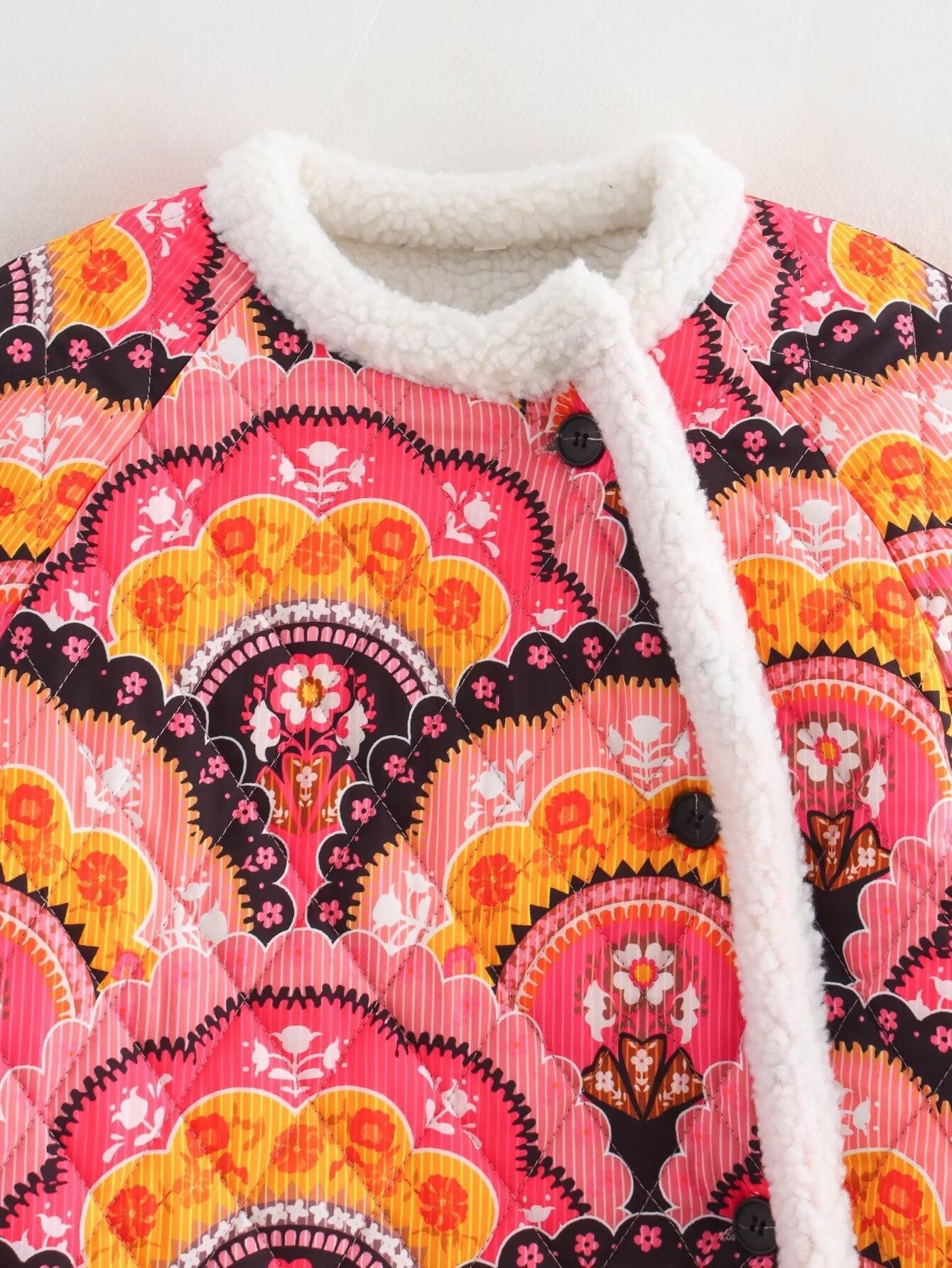 Women's quilted transitional jacket with floral pattern and cozy fleece NOVAE