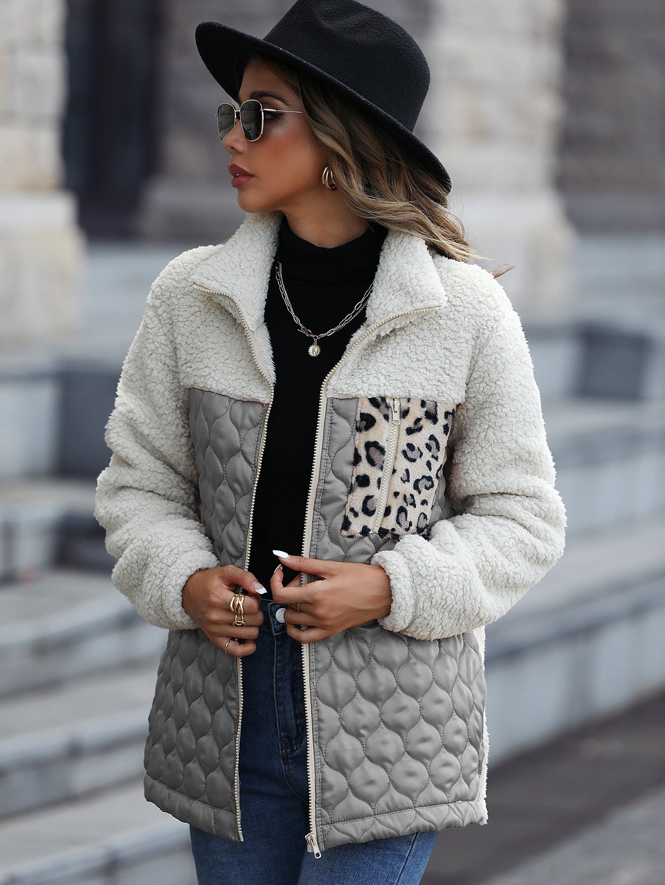 Women's fleece jacket with modern patchwork details and animal print NOVAE