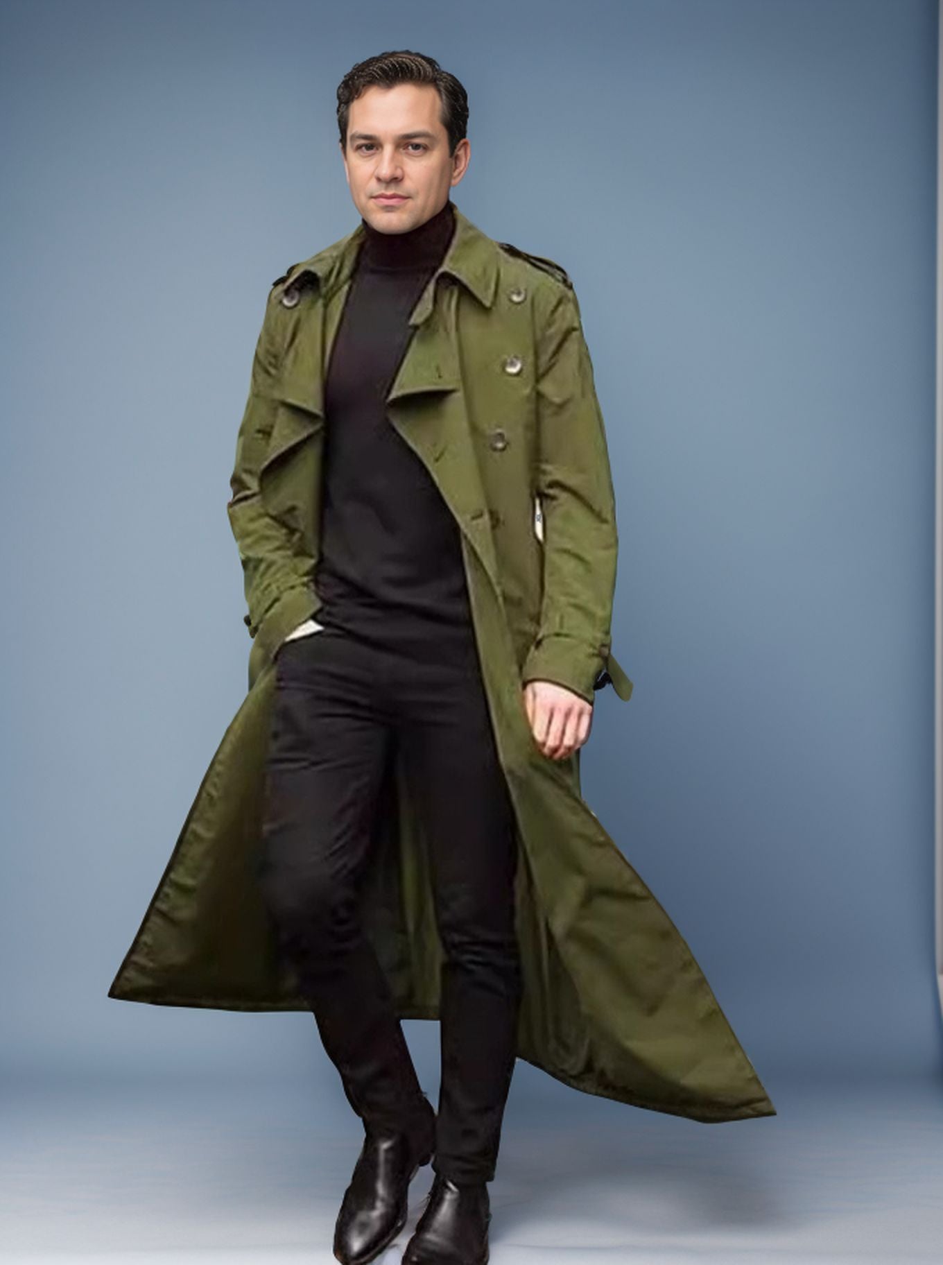 Men's long trench coat with a modern cut and practical pockets NOVAE