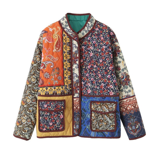Women's quilted patchwork jacket with practical pockets and colorful pattern NOVAE