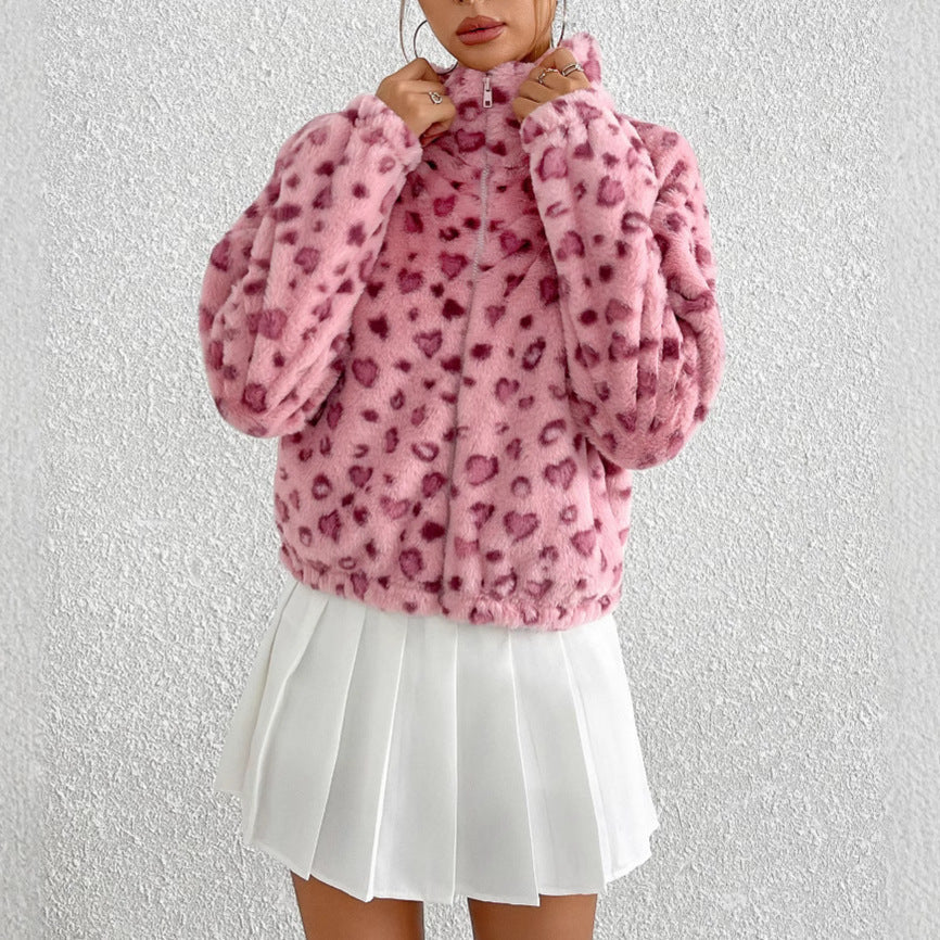 Women's fleece jacket with fashionable leopard print NOVAE