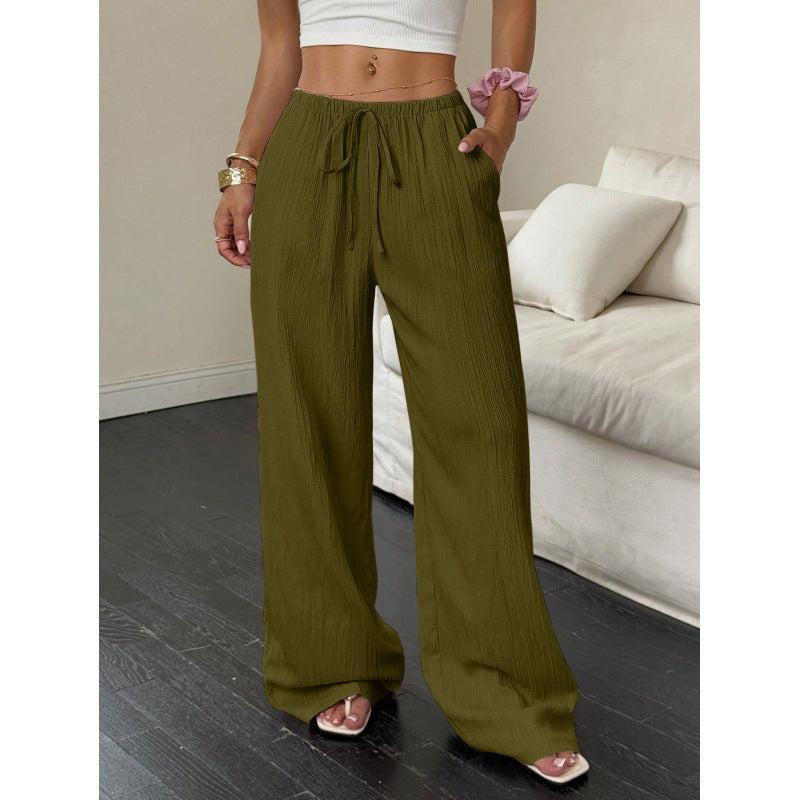 Women's casual and wide-legged leisure trousers with elasticated waistband and tie belt NOVAE