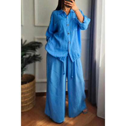 Women's linen set with wide-leg trousers and casual blouse NOVAE