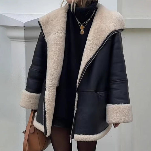 Women's trendy faux leather jacket with cozy lining NOVAE