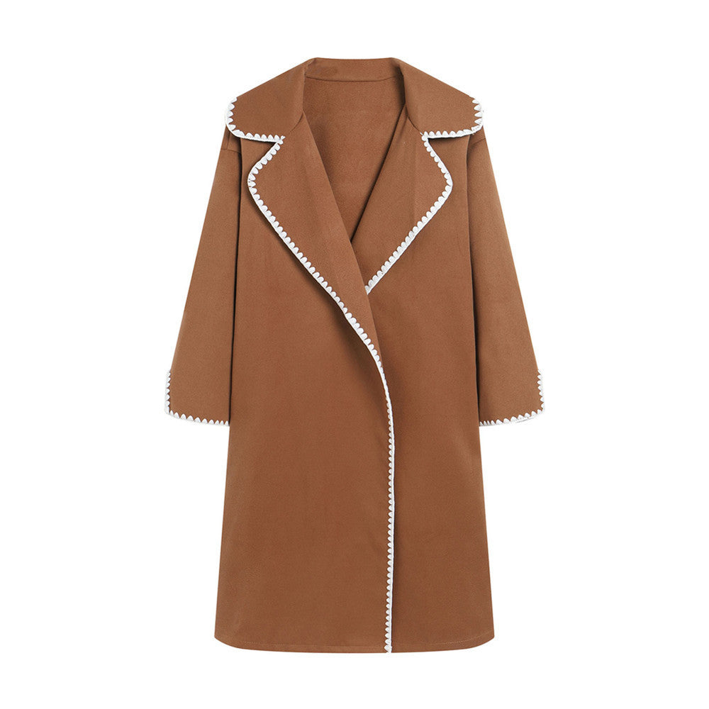 Women's elegant coat with stylish turn-down collar and contrasting decorative stitching NOVAE