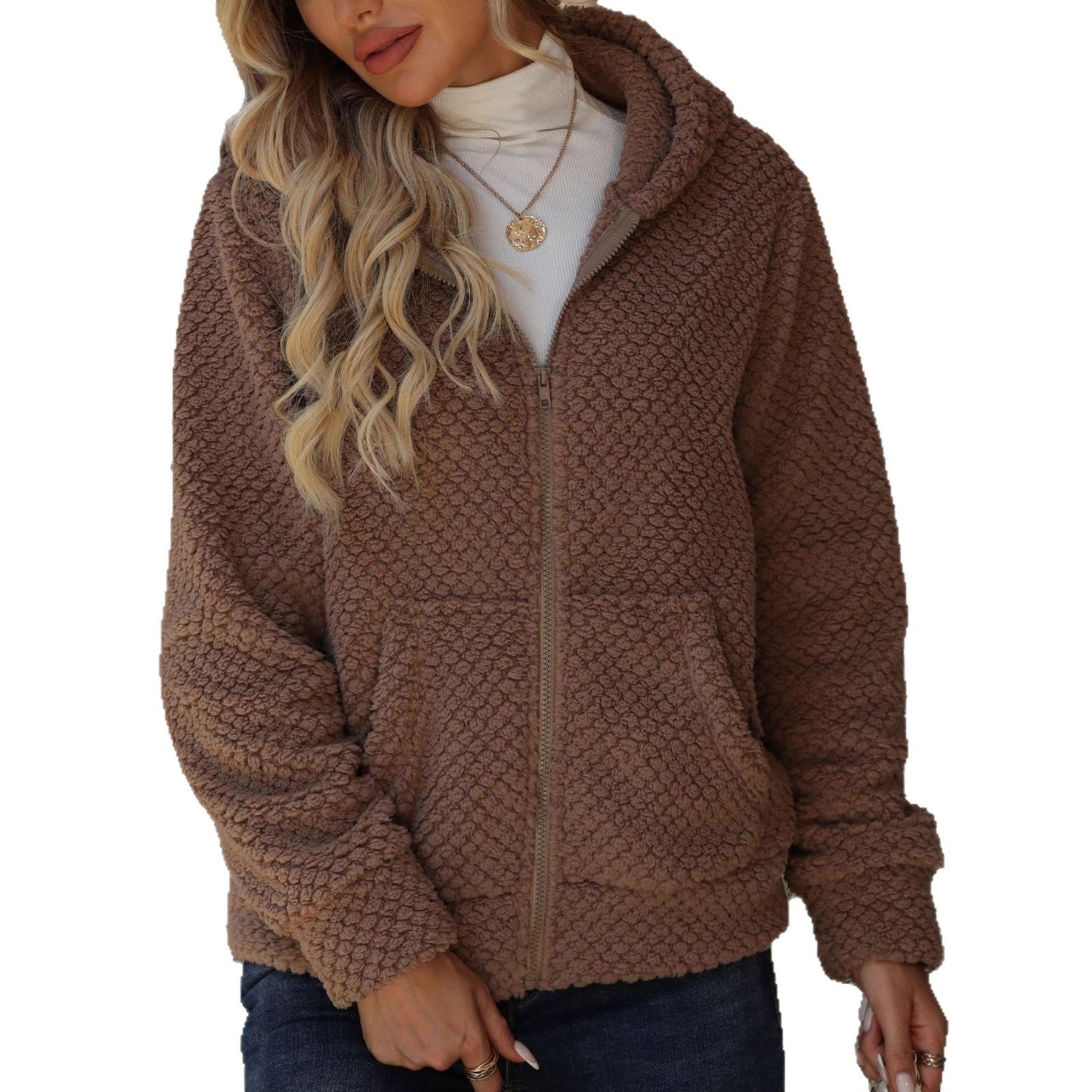 Women's Plush Fleece Jacket with Hoodie and Pockets NOVAE
