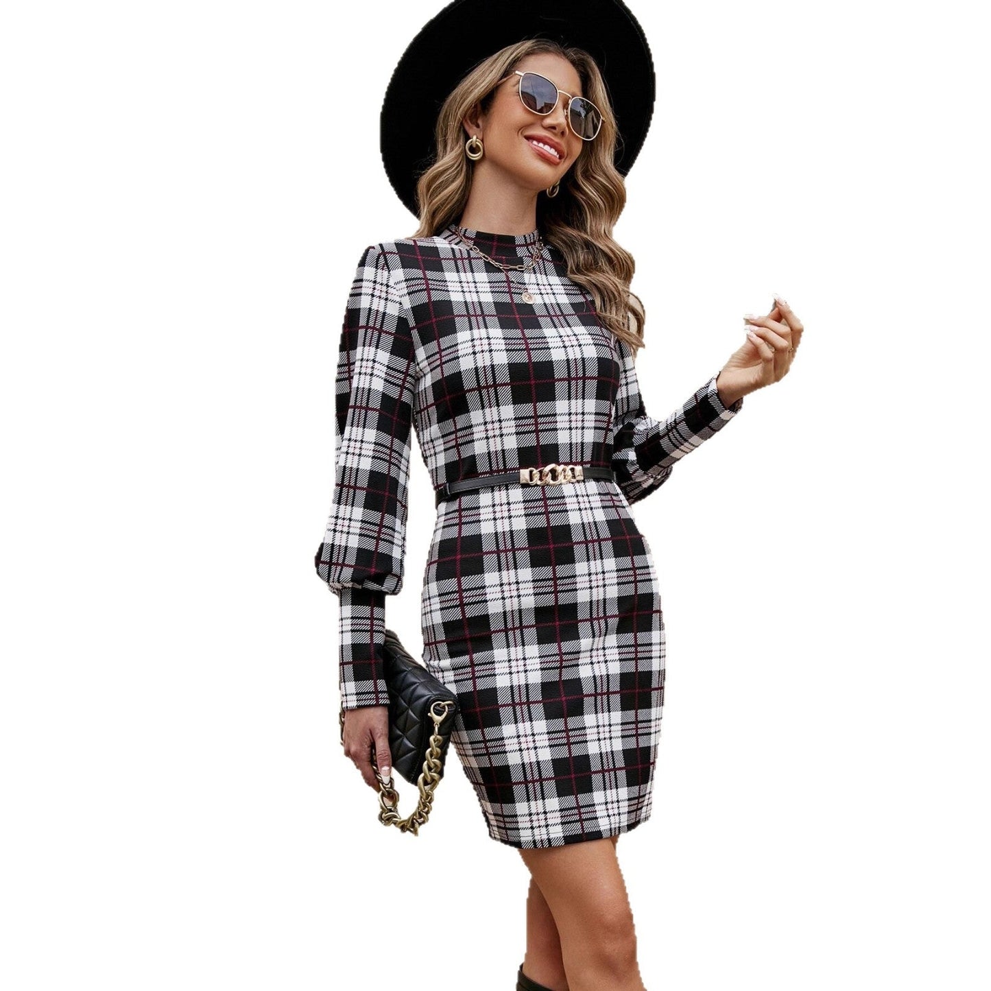 Women's figure-hugging plaid dress with long sleeves and waist belt NOVAE
