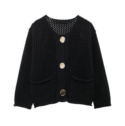 Women's cardigan with open knit structure and comfortable pockets NOVAE