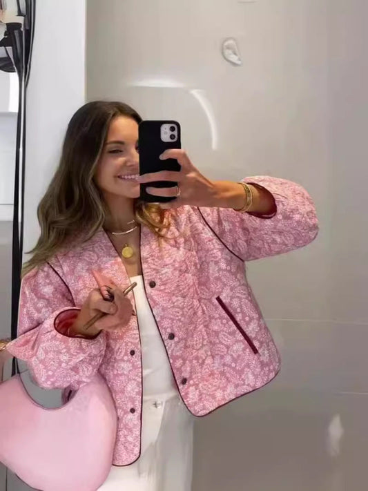 Women's quilted autumn jacket with a unique floral pattern and practical pockets NOVAE