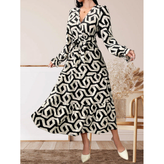 Women's maxi dress with modern geometric print and adjustable waist design NOVAE