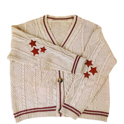 Women's chunky knit cardigan with elegant star appliqués and contrasting details NOVAE