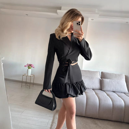 Women's elegant blazer and skirt set with ruffle details NOVAE