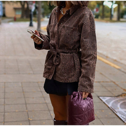 Women's fashionable denim jacket in leopard print design with belt NOVAE