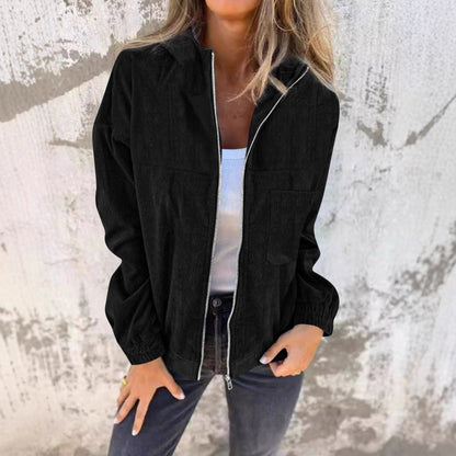 Women's cropped hooded jacket made of high-quality corduroy fabric with practical pockets and elastic cuffs NOVAE