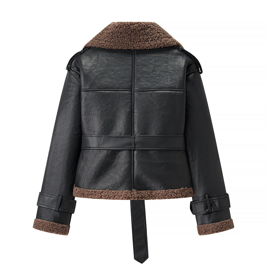 Women's trendy biker jacket with faux fur collar and belt NOVAE