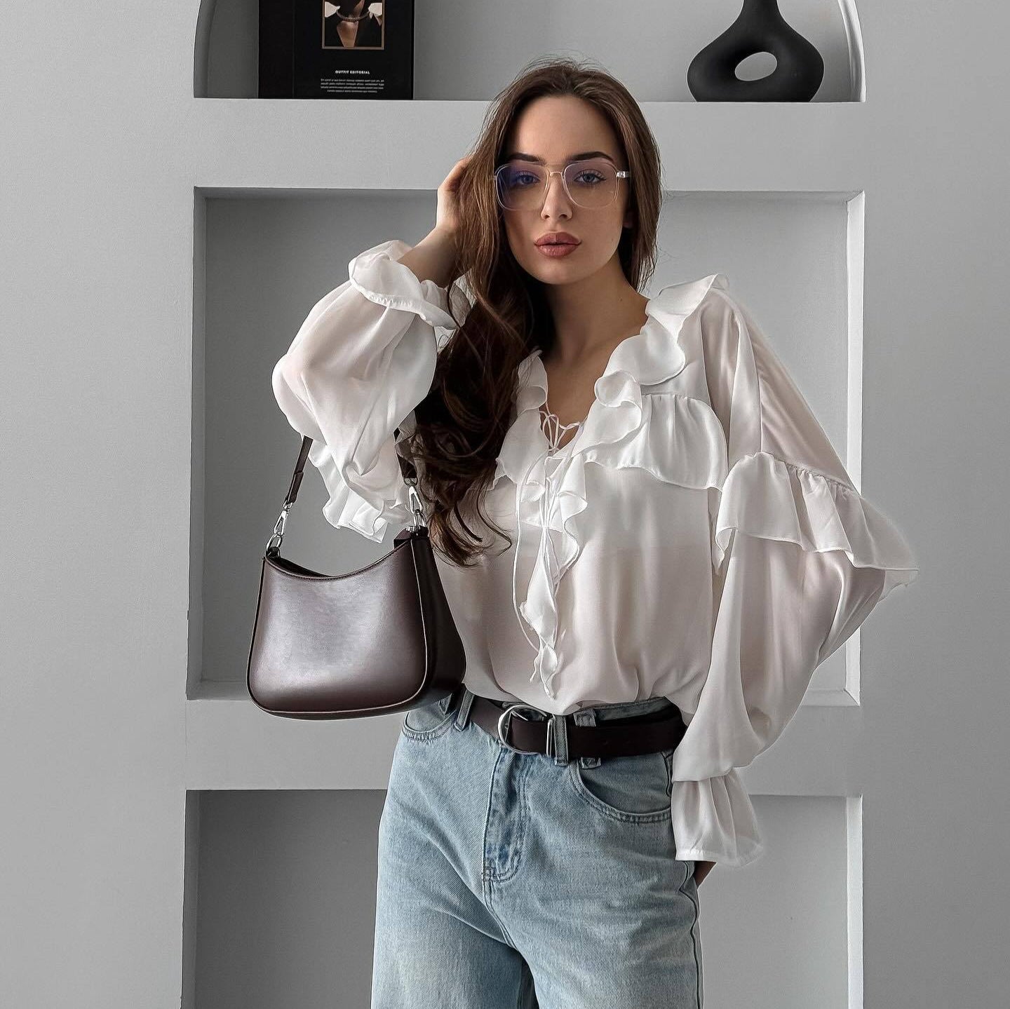 Women's blouse with playful flounce and tie belt NOVAE