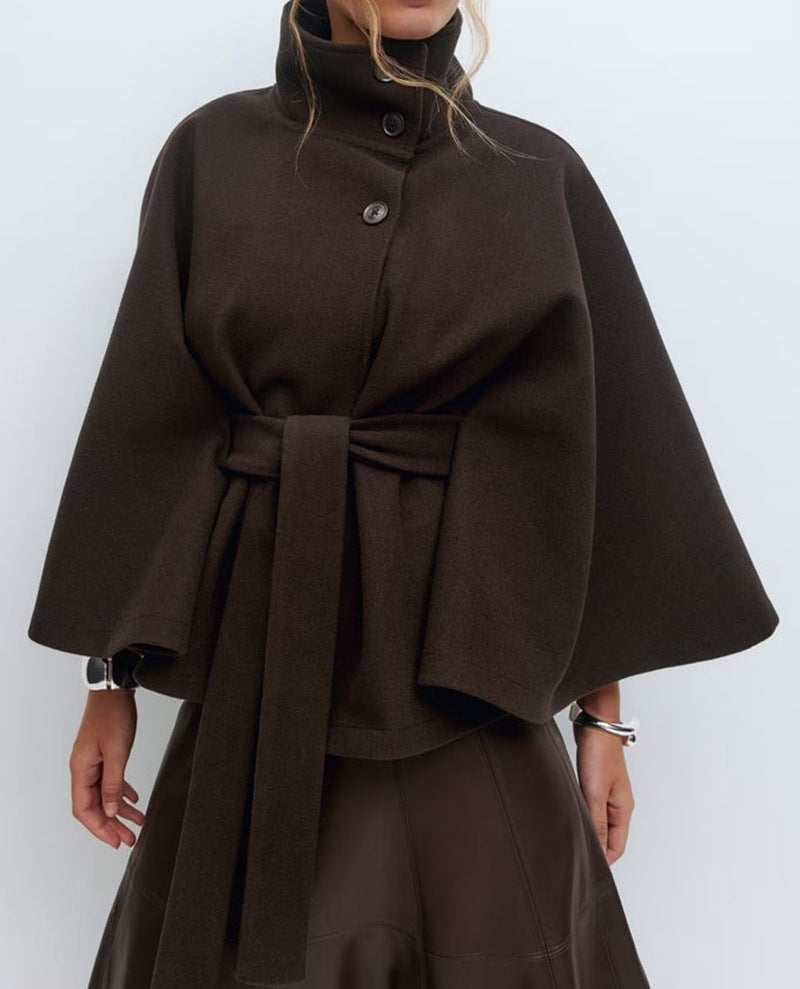 Women's elegant cape jacket with high stand-up collar and chic belt NOVAE