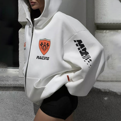 Women's oversized hooded jacket with graphic racing design NOVAE