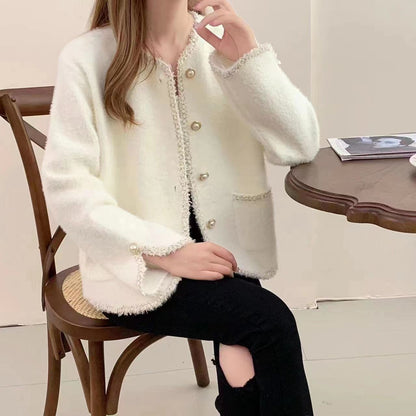 Women's bouclé jacket with elegant pearl buttons NOVAE