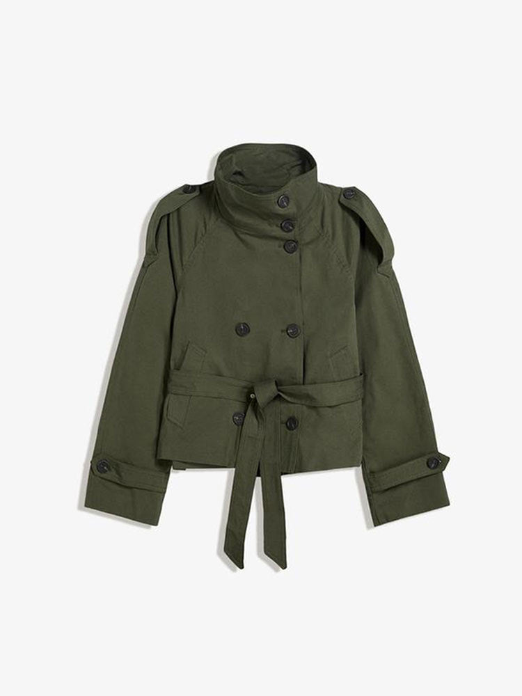 Women's fashionable trench jacket with waist belt and stand-up collar NOVAE